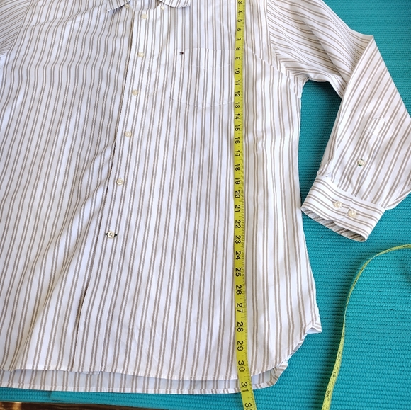 Tommy Hilfiger 80's Two Ply Cotton Men's Tan/White Striped Shirt XL - Picture 8 of 8